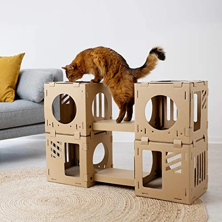 Navaris Katzentunnel aus Karton, 4tlg. Katzenhaus mit Kratzboards, individuell zusammensteckbar, für kleine Katzen und Kaninchen, stabil und leicht – Bild 2