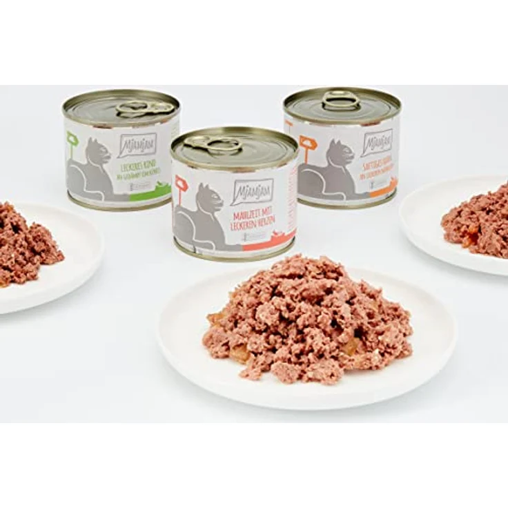 MjAMjAM Premium Nassfutter für Katzen Mixpaket I, getreidefrei, Huhn, Rind, Herzen, 6er Pack (6 x 200 g), hoher Fleischanteil – Bild 2