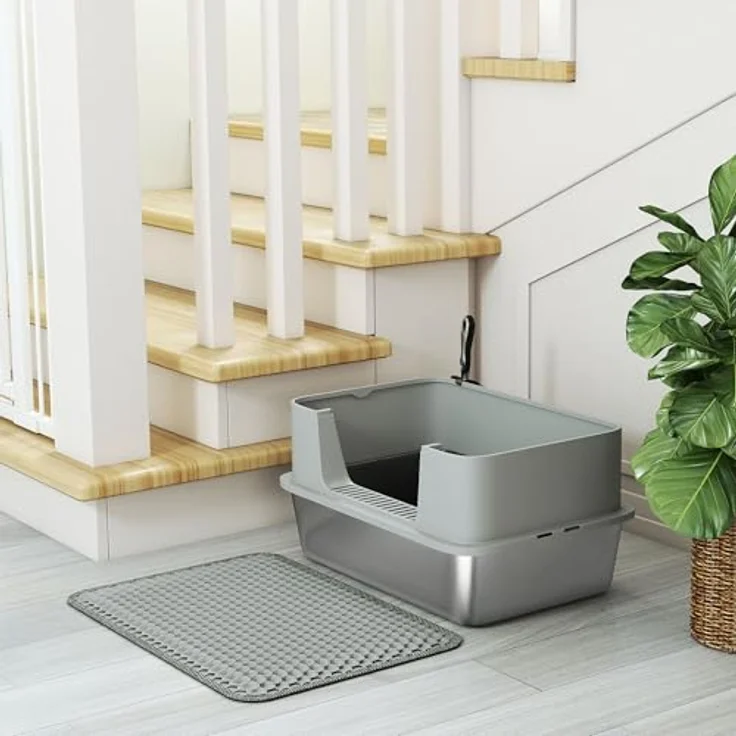 PawHut Katzentoilette Edelstahl Offene Katzenklo mit Schaufel, hohe Wände und Matte, für große Katzen bis 7 kg, 60,2 x 40,2 x 29,5 cm, Grau – Bild 9