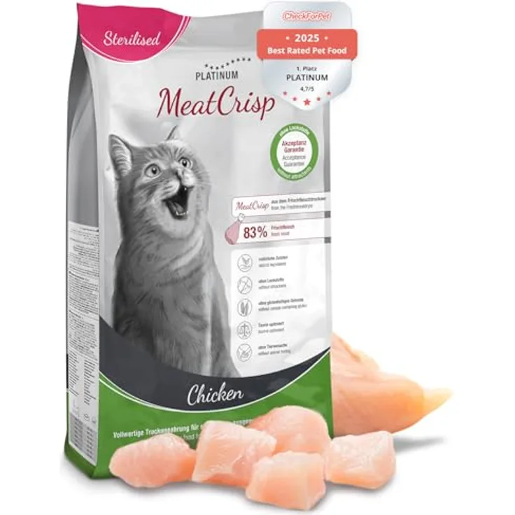 PLATINUM Katzenfutter MeatCrisp Sterilised Chicken, 1,5kg Trockenfutter mit 83% Frischfleisch, crispy Biss, kalorienreduziert