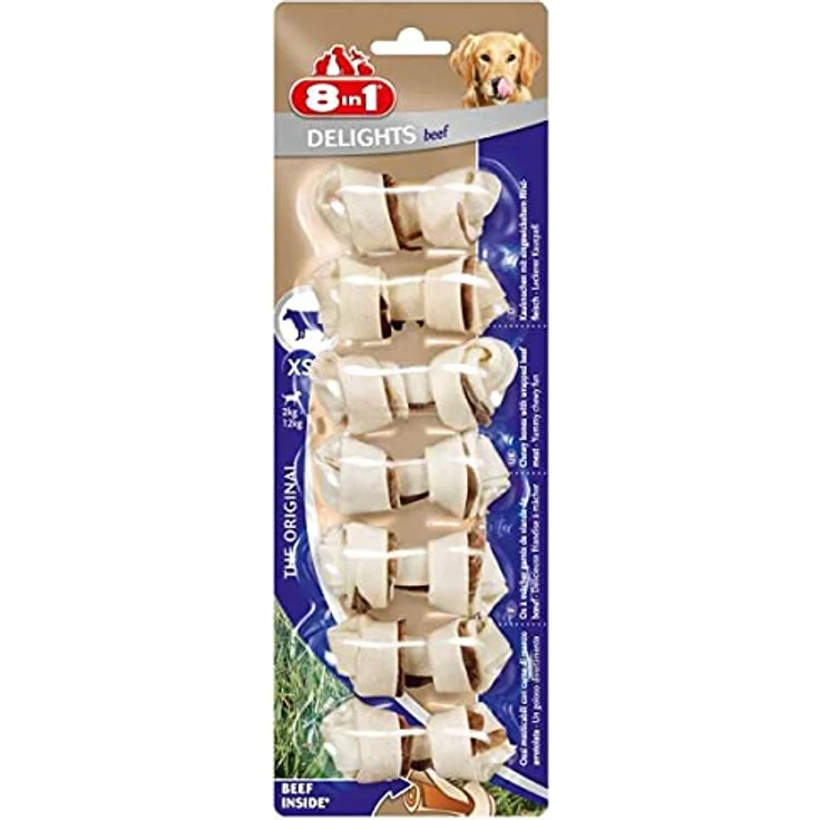 8in1 Delights Beef Kauknochen mit Rindfleisch für empfindliche Hunde, Größe XS, 7 Stück, 84 g, Zahnreinigung und Plaque-Vorbeugung – Bild 1