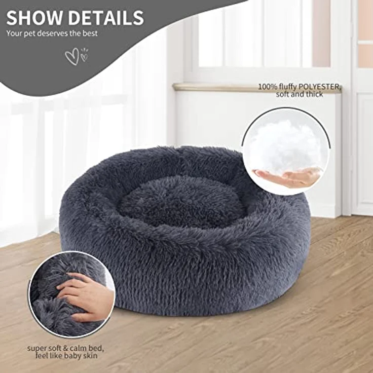 BVAGSS Hundebett Rund XH034, Flauschiges Donut Katzenbett aus ultraweichem Plüsch, Waschbar, Ø 80 cm, Dunkelgrau – Bild 2