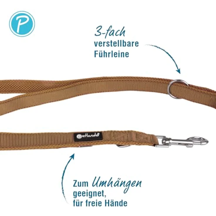 Petlando Hundeleine 2m Mesh weich gepolstert, Cognac, 3-fach verstellbar, ideal für mittelgroße Hunde – Bild 2