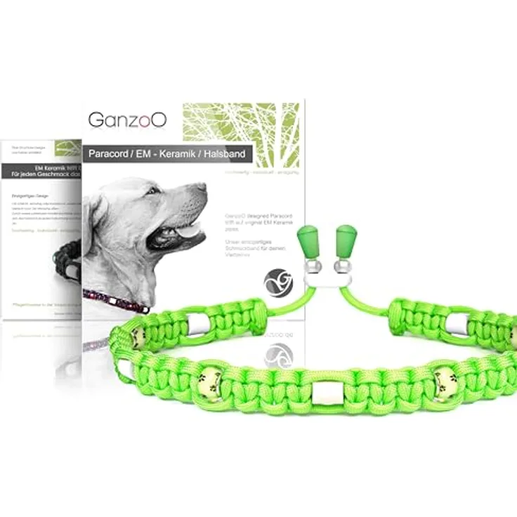 Ganzoo EM Keramik Hundehalsband aus Paracord 550, Zierhalsband mit Zierperlen und EM Tubes, Größe M 43-51 cm, verstellbar, Apfelgrün Pfote