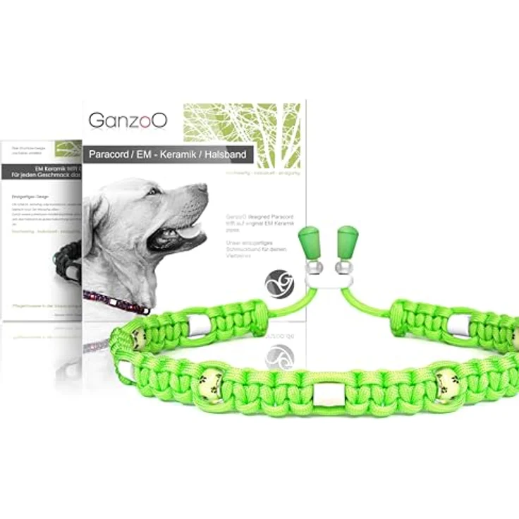 Ganzoo EM Keramik Hundehalsband aus Paracord 550, Zierhalsband mit Zierperlen und EM Tubes, Größe M 43-51 cm, verstellbar, Apfelgrün Pfote – Bild 1