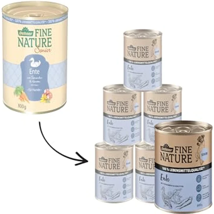Dehner Fine Nature Hundefutter, Nassfutter in Lebensmittelqualität für ältere Hunde, Ente mit Topinambur und Karotten, 6 x 800 g Dose (4.8 kg) – Bild 3