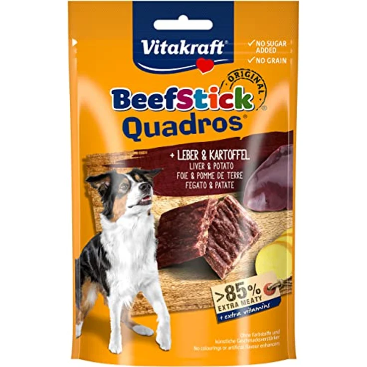 Vitakraft Beef Stick Quadros, Sparpaket mit 7 x 70 g - Leber & Kartoffel, proteinreiche Hundesnacks, getreidefrei, über Buchenholz geräuchert – Bild 1