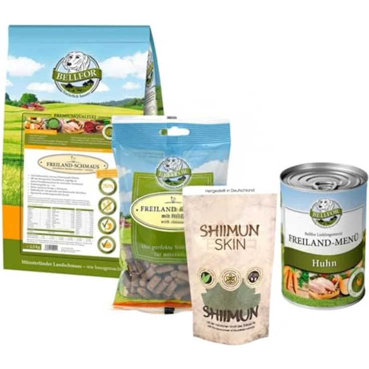 Bellfor Futterset für Pudel, Getreidefreies Nassfutter 400 g, Trockenfutter mit Huhn 2,5 kg, Soft-Snacks 200 g & Shiimun Skin Pulver 50 g zur Fellpflege – Bild 1