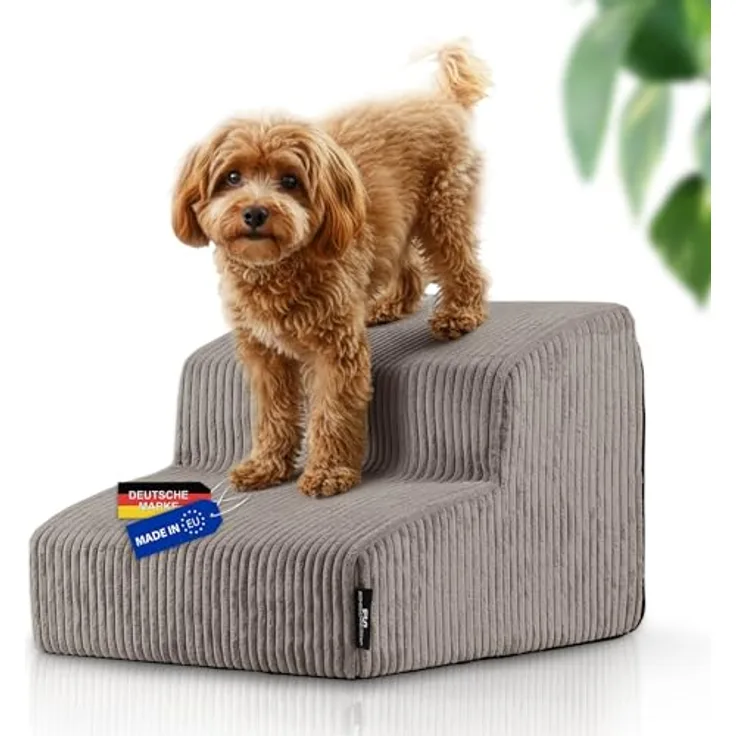 Rohrschneider Hundetreppe für kleine Hunde, Rutschfeste Haustiertreppe mit waschbarem Cordbezug, Hunderampe mit Schaumstofffüllung (Taupe), Made in EU