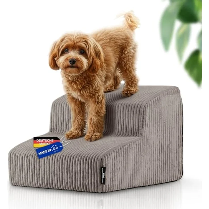 Rohrschneider Hundetreppe für kleine Hunde, Rutschfeste Haustiertreppe mit waschbarem Cordbezug, Hunderampe mit Schaumstofffüllung (Taupe), Made in EU – Bild 1