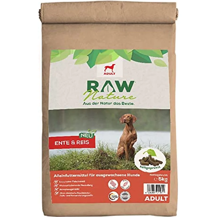 RAW Nature Trockenfutter Adult mit Ente 5kg, kaltgepresstes, getreidefreies Hundefutter mit 100% Muskelfleisch und hohem Fleischanteil, ohne künstliche Zusätze, für alle Rassen und sensible Hunde geeignet – Bild 1