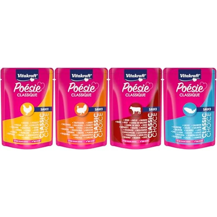 Vitakraft Poésie Classique, Katzennassfutter in Sauce, mit Huhn, Truthahn, Rind und Lachs, ohne Zucker und Getreide, Vorratspack mit 96x 85g – Bild 3