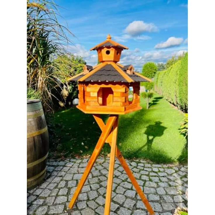 DARLUX handgefertigtes Sechseck Vogelhaus aus Holz, wetterfest XXL mit Ständer, schwarz-braun, Futterhaus mit Bitumschindeldach und Futterspender – Bild 2