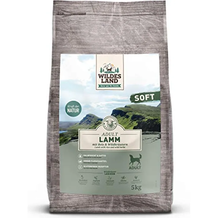 WILDES LAND Halbfeuchtes Trockenfutter für Hunde, Lamm mit Reis und Wildkräutern, 5 kg, glutenfrei, extra viel Fleisch, für alle Hunderassen