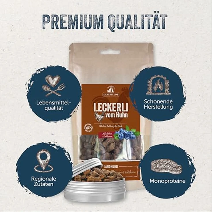 Lakefields Hundeleckerli Trockenfleischwürfel vom Huhn, 50g, 90% Hühnerfleisch, getreidefreie Snacks mit Kartoffeln & Waldbeeren, ohne Zusätze – Bild 2