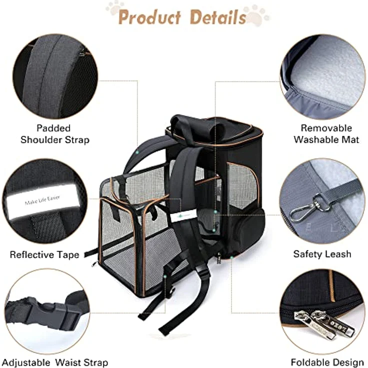 Lekesky Erweiterbar Katzenrucksack Hunderucksack, Faltbar und Atmungsaktiv, Schwarz, L, für kleine Katzen und Hunde bis 8 kg – Bild 5