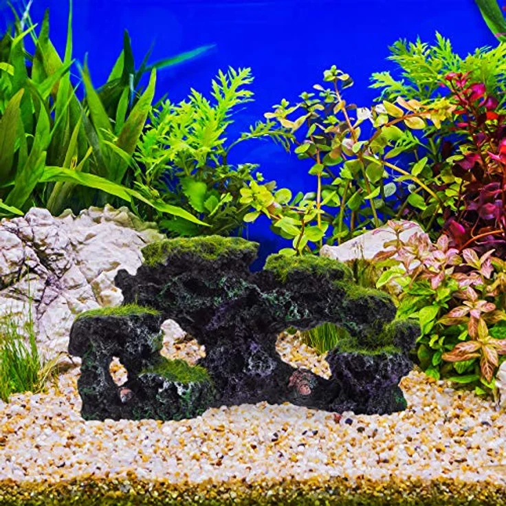 relaxdays Aquariendeko Stein mit Kunstmoos und Muscheln, grau-grün, 8,5 x 17 x 9 cm, für Süß- und Salzwasser – Bild 2