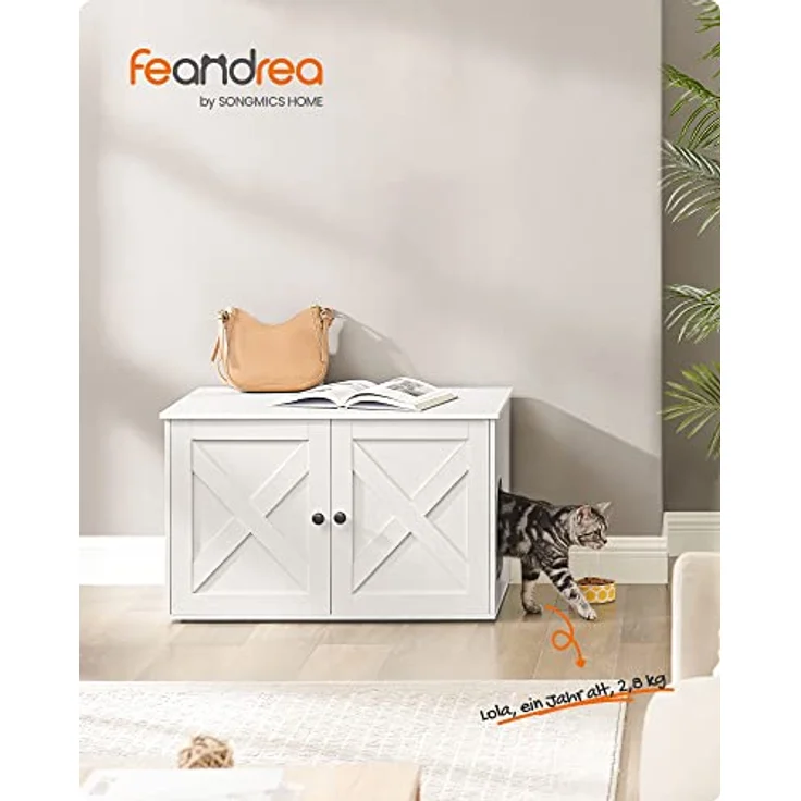 Feandrea Katzenhaus PCL002W01, Katzenklo-Schrank mit herausnehmbarer Trennwand, 80 x 53 x 50 cm, weiß, stilvolles Design und großer Innenraum – Bild 2
