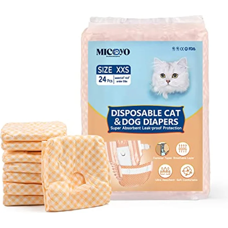 MICOOYO Einweg Katzenwindel, Super Saugfähige Haustierwindeln für kleine Katzen und Hunde, Auslaufsichere und elastische Windeln in Orange, XXS, 24 Stück – Bild 1