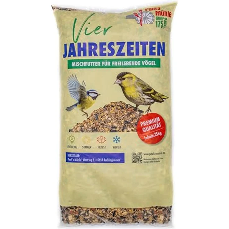 Paul's Mühle Wildvogelfutter 4-Jahreszeiten, Ganzjahresfutter für Wildvögel, 25 kg, hochwertige Zutaten für ganzjährige Fütterung – Bild 1