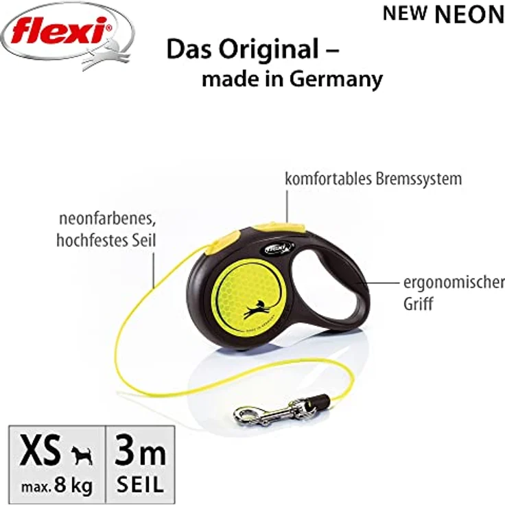 flexi New CLASSIC Neon Seil-Rollleine schwarz-neon XS: 3 m bis 8 kg – Bild 3