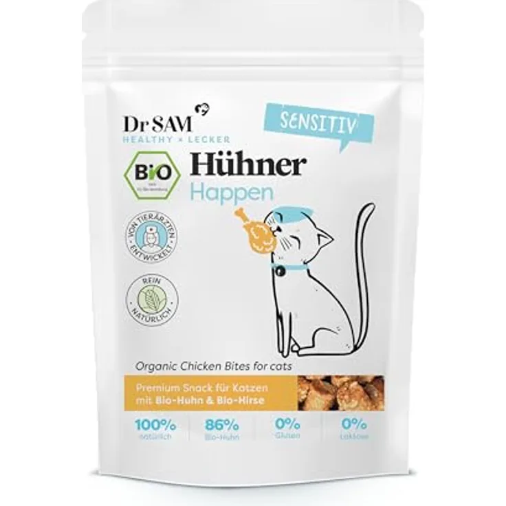 Dr. SAM Hühner Happen für Katzen, gesunde Snacks für Haut & Fell, mit Hirsemehl, Kokosmehl & Leinsamen, glutenfrei, 80g