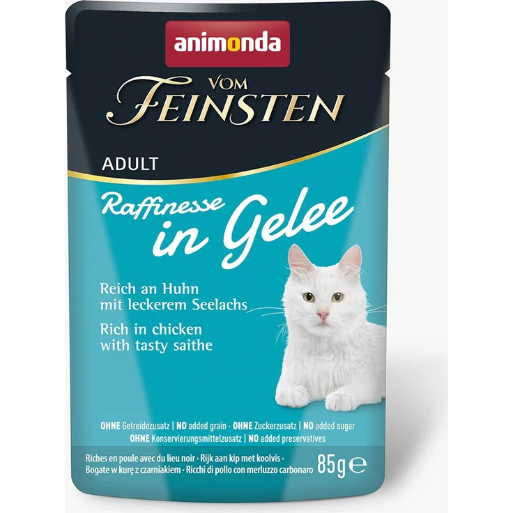 animonda vom Feinsten Raffinesse Gelee Huhn und Seelachs, Katzen-Nassfutter, 24x85g, ohne Farbstoffe und Zuckerzusatz