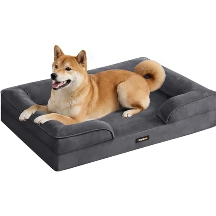 Feandrea Orthopädisches Hundebett PGW322GN01, L, Noppenschaumstoff, erhöhter Rand, abnehmbarer Bezug, waschbar, rutschfest, wasserabweisend, schiefergrau, 89 x 63 x 16 cm