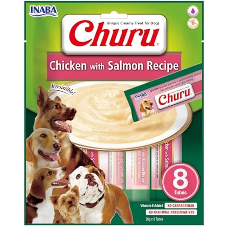 INABA Churu Hundeleckerli Creamy Snack, Getreidefrei, Zuckerfrei, Kalorienarm, 100% natürliches Fleisch mit Huhn & Lachs, 160 g (1er Pack) – Bild 1