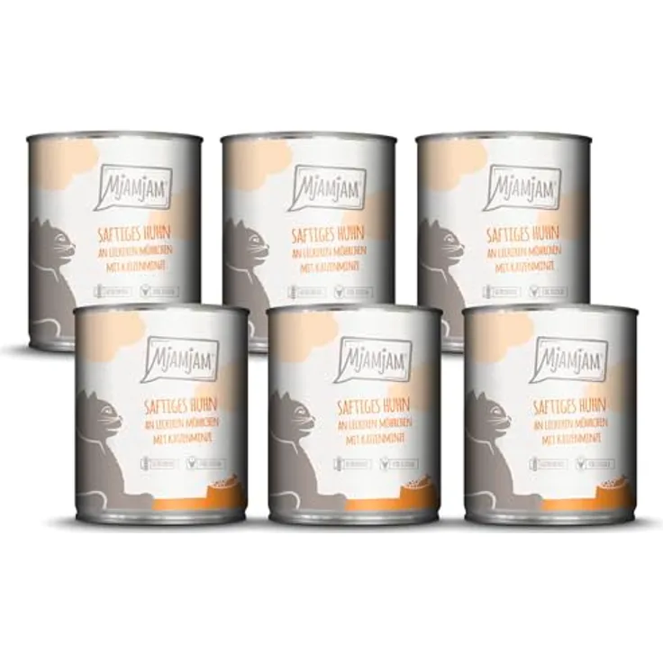 MjAMjAM Katzen-Nassfutter, 6 x 800 g, saftiges Huhn mit leckeren Möhrchen, glutenfrei und ohne Zuckerzusatz