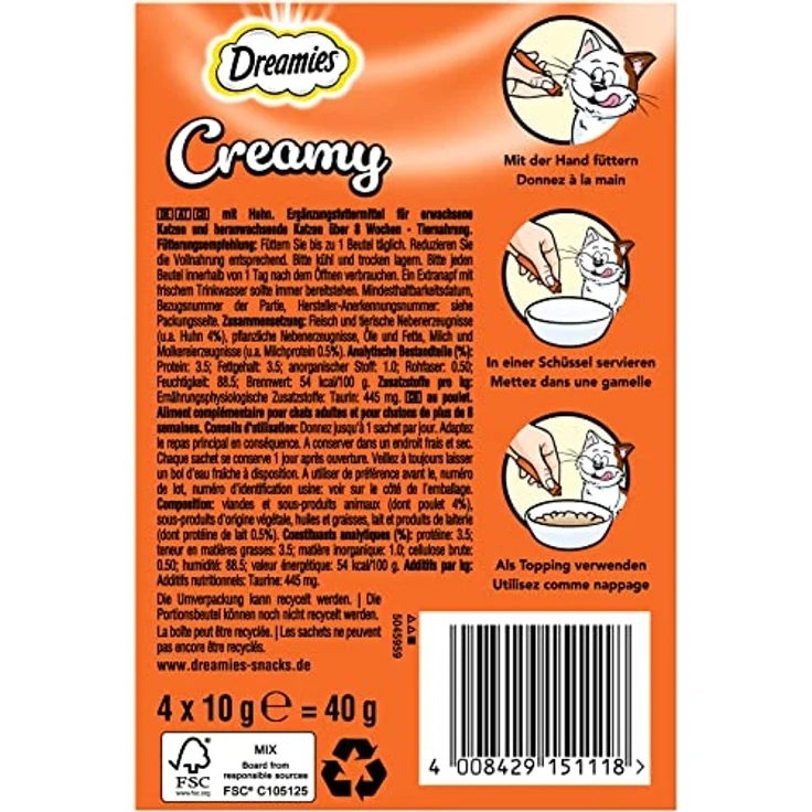 Dreamies DREAMIES™ Creamy Snack mit Huhn, 4 Packungen à 10g, ohne Zuckerzusatz, mit Taurin, für Katzen