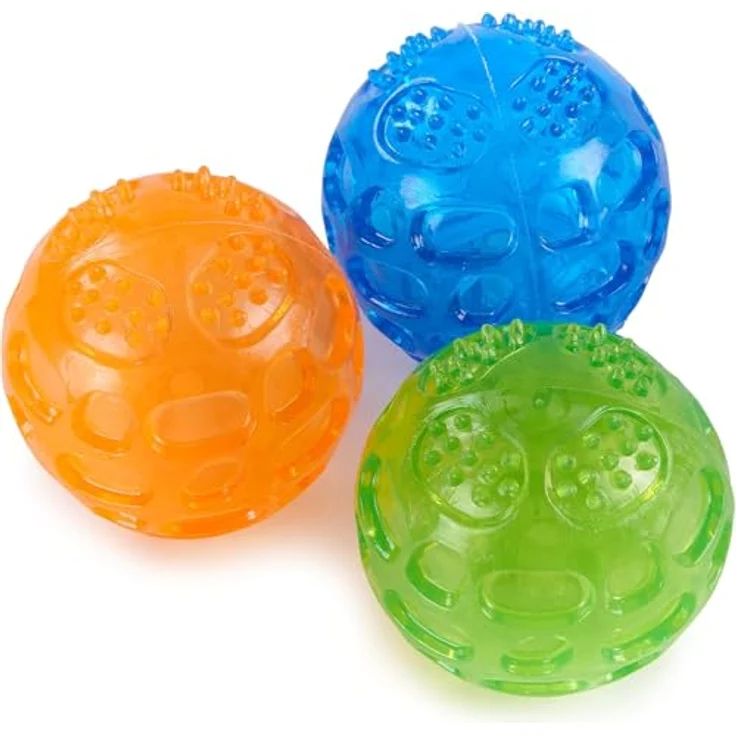 PETTOM Hundeball Quietschend 3er Set, Unzerstörbare Spielbälle für Große und Kleine Hunde, Schwimmfähig in Orange, Blau, Grün, Durchmesser 7,5cm – Bild 1