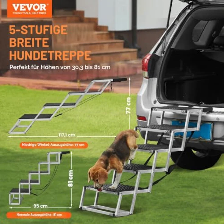 VEVOR 5-stufige Hundetreppe, zusammenklappbar und rutschfest, bis zu 68 kg belastbar, Einstiegshilfe für Auto, SUV und LKW – Bild 2