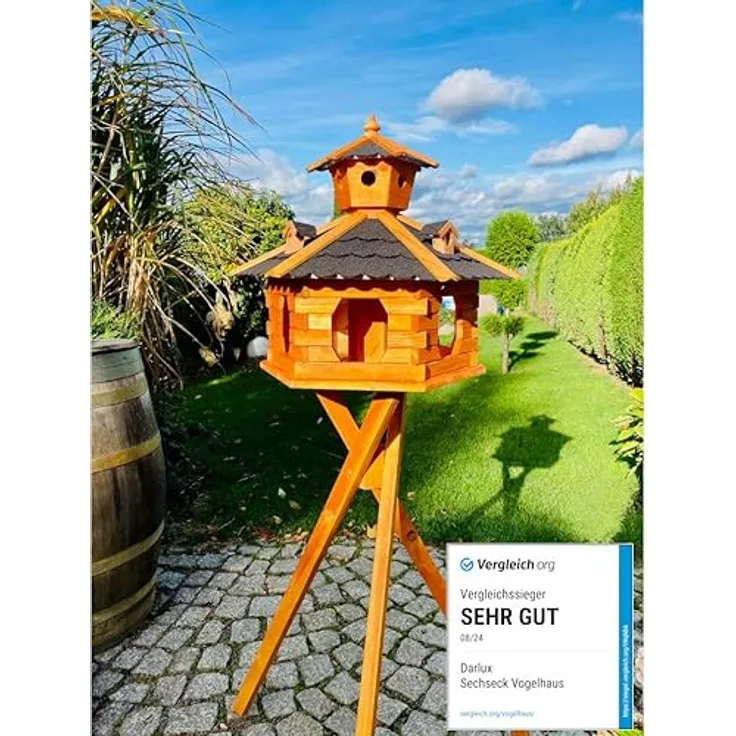 DARLUX handgefertigtes Sechseck Vogelhaus aus Holz, wetterfest XXL mit Ständer, schwarz-braun, Futterhaus mit Bitumschindeldach und Futterspender