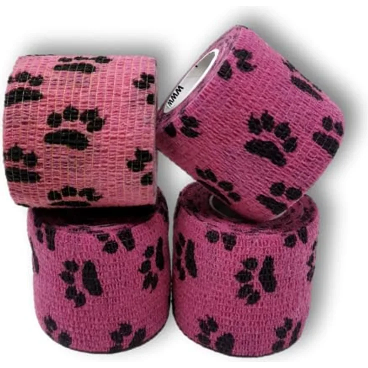 LisaCare Pfotenverband 5cm x 4,5m, 4er-Set mit rosa Pfoten Motiv, elastisch, selbsthaftend, Wundverband