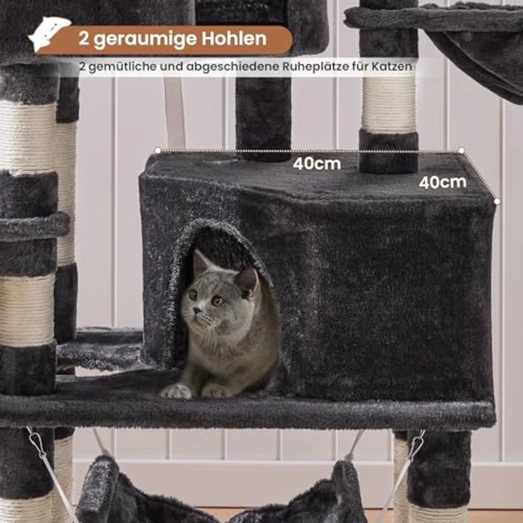 MSmask Stabiler Kratzbaum, großer Katzenbaum mit 2 Plattformen und großer Höhle, Dunkelgrau, Sisalstämme aus Natur-Sisal – Bild 5