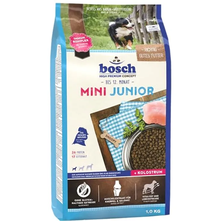 bosch HPC Mini Junior, Hundetrockenfutter für kleine Rassen bis 15 kg, glutenfrei, mit frischem Geflügel und Kolostrum, 3 kg
