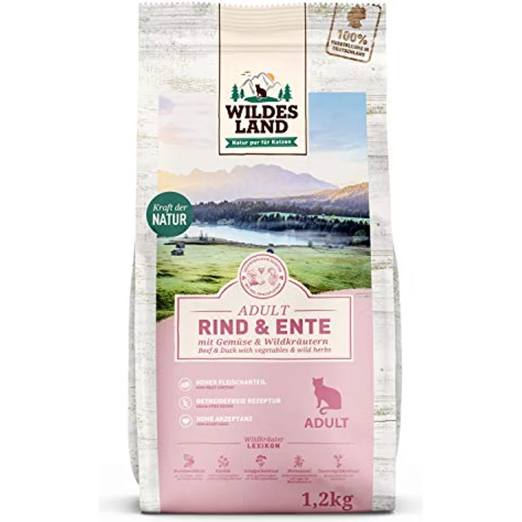 WILDES LAND Trockenfutter für Katzen Rind und Ente, 1,2 kg, getreidefreie Rezeptur, hoher Fleischanteil, in Deutschland zubereitet, hohe Akzeptanz, natürliche Zutaten – Bild 1