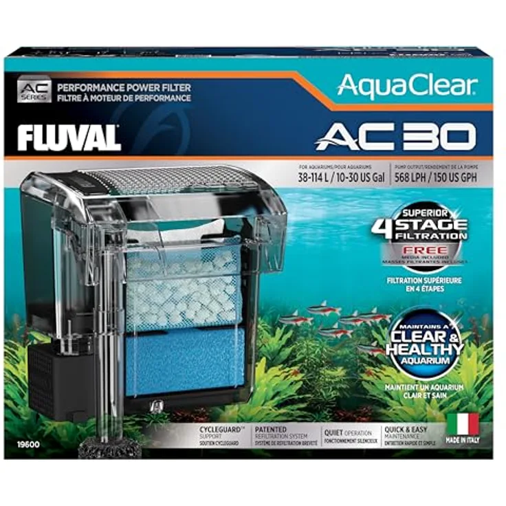 Fluval AquaClear AC30 Hochleistungsfilter, 4-stufige Filterung für Aquarien 38–114 l, mit CycleGuard, schwarz