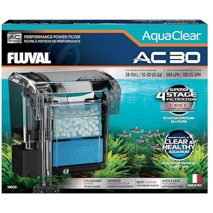 Fluval AquaClear AC30 Hochleistungsfilter, 4-stufige Filterung für Aquarien 38–114 l, mit CycleGuard, schwarz – Bild 1
