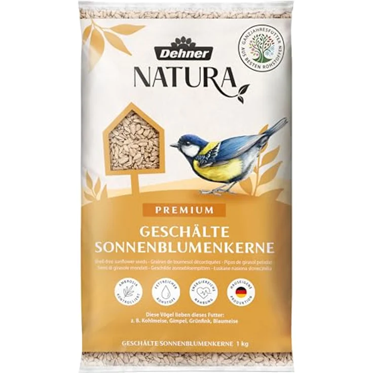 Dehner Natura Premium Wildvogelfutter, schalenfreie Sonnenblumenkerne, proteinreiches Ganzjahresfutter für Wildvögel, 1 kg – Bild 1