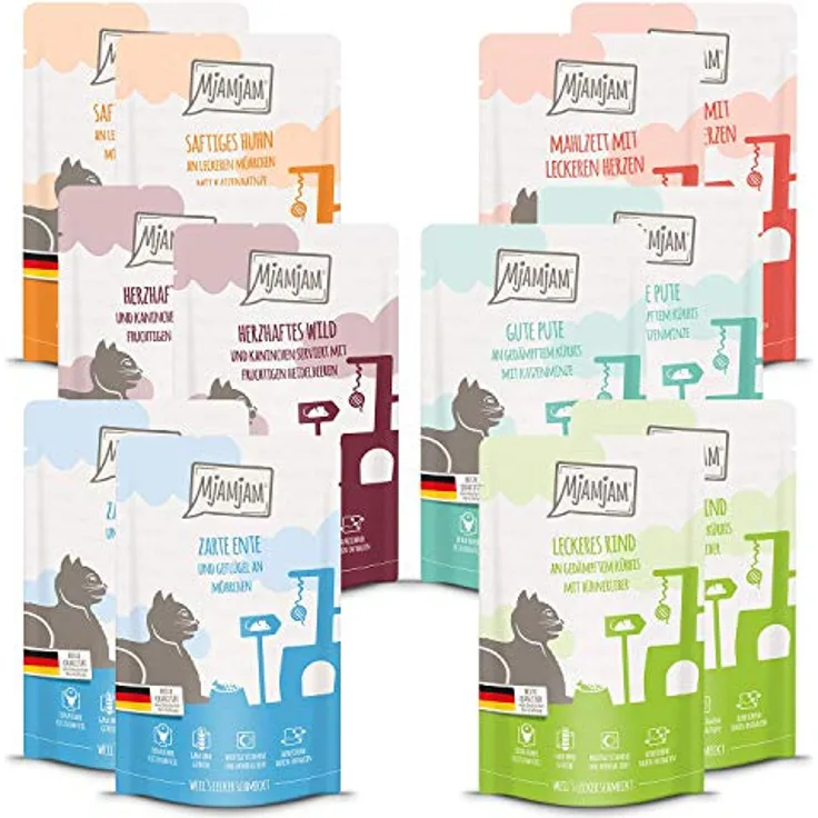 MjAMjAM Nassfutter Katze Adult, Quetschie Mixpaket 3, 12x125 g mit 6 variantenreichen Sorten, ohne Getreide und künstliche Zusätze