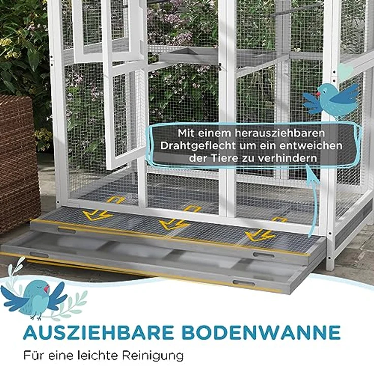 PawHut Vogelvoliere aus Holz, großer Wellensittichkäfig mit 4 Sitzstangen, ausziehbarer Bodenwanne, wasserabweisendem Dach, 112 x 68 x 154 cm, Tanne – Bild 4