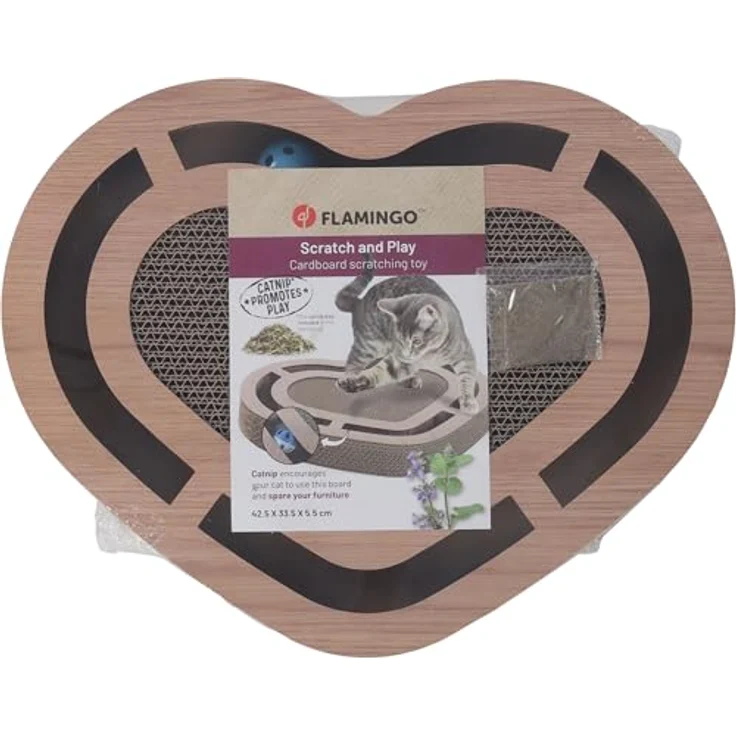 Flamingo Kratzbrett Poro Braun, Kratzpappe für Katzen mit Catnip und Klingelball, 42,5x33,5x5,5 cm, recycelbar – Bild 2