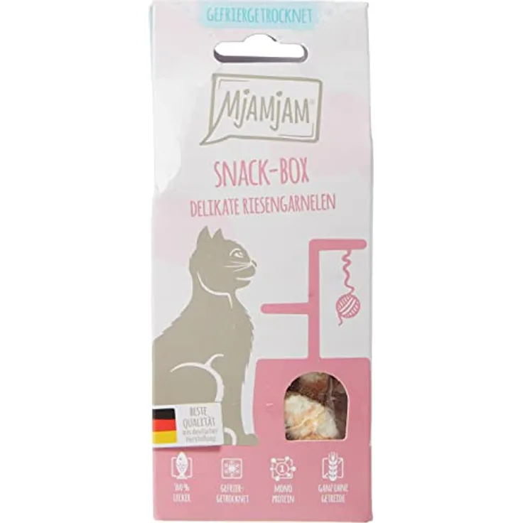 MjAMjAM Snackbox Delikate Riesengarnelen, 4 x 25 g, hochwertiger Katzensnack, gefriergetrocknet, 100% aus frischen Garnelen, ohne Zucker und Konservierungsstoffe