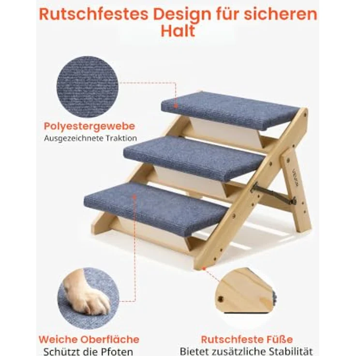 VEVOR Hundetreppe 3-stufige klappbare Holztreppe, bis 68 kg, stabil mit rutschfester Oberfläche für Betten, Sofas & Autos, 510x470x370 mm – Bild 4