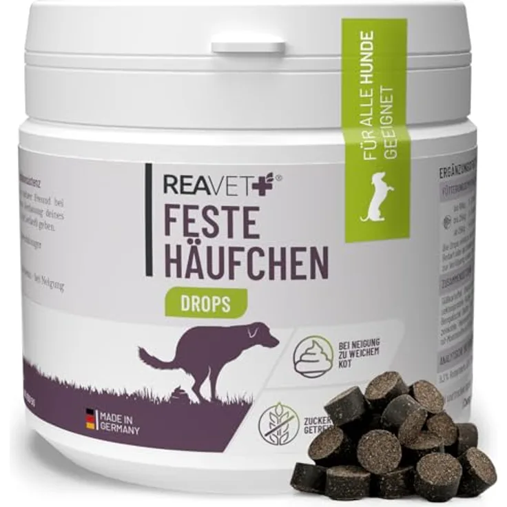 ReaVET Feste Häufchen Drops, Ergänzungsfuttermittel für Hunde zur Unterstützung der Verdauung, mit Aktivkohle, 350g (180Stk)