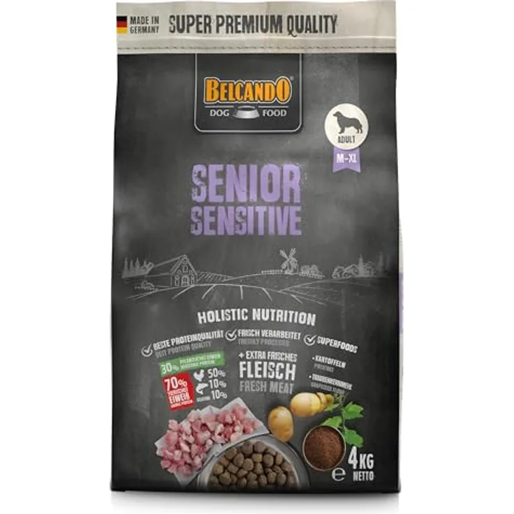 Belcando Senior Sensitive [4 kg] Hundefutter | Trockenfutter für ältere & empfindliche Hunde | Alleinfuttermittel für alle Rassen, reduziert in Protein und Fett, hoher Rohfaseranteil, aktiver Zellschutz mit Traubenkernmehl