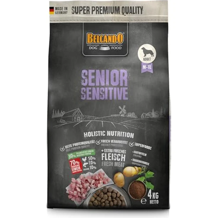 Belcando Senior Sensitive [4 kg] Hundefutter | Trockenfutter für ältere & empfindliche Hunde | Alleinfuttermittel für alle Rassen, reduziert in Protein und Fett, hoher Rohfaseranteil, aktiver Zellschutz mit Traubenkernmehl – Bild 1