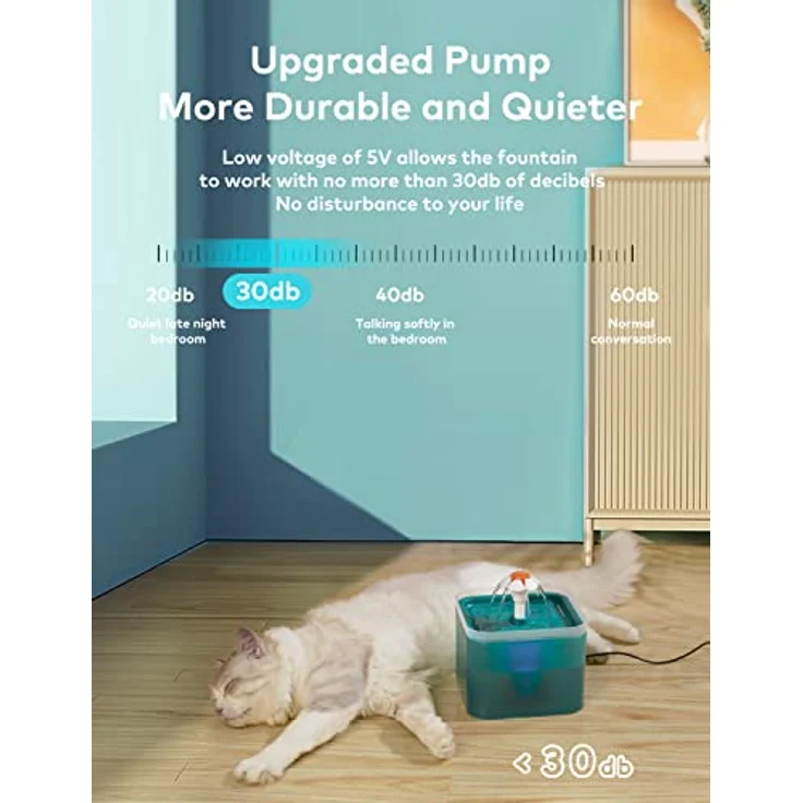 AONBOY Katzenbrunnen 2L, Ultraleiser Trinkbrunnen mit LED-Licht, Aktivkohlefilter und 3 Wasserfluss-Designs für Katzen und Hunde – Bild 4